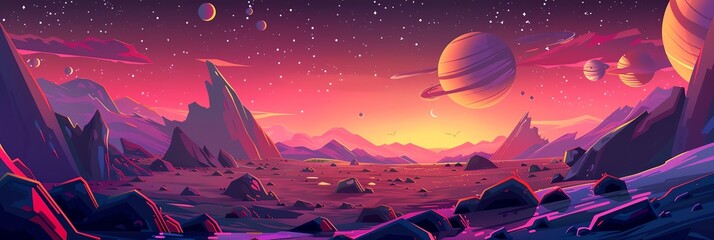 Wall Mural - a beautiful, colorful, and peaceful scene of a planet with a large, bright sun in the background