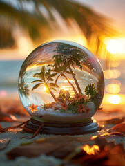 Snow globe depicting a serene tropical island paradise at sunset.