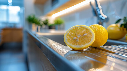 Wall Mural - Sliced lemon on a modern kitchen countertop.