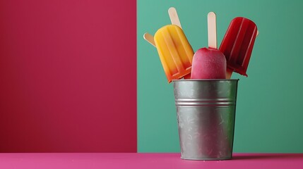 Ice popsicle ice cream in the bucket on green and maroon background