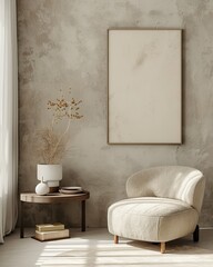 Poster - This image showcases a serene minimalist corner featuring a comfortable beige chair, round side table, decorative vase, and abstract canvas on a concrete wall.