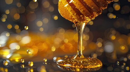 Poster - Golden honey dripping from a wooden dipper