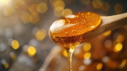 Poster - Golden honey dripping from a wooden dipper