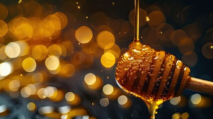 Poster - Golden honey dripping from a wooden dipper
