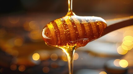 Poster - Golden honey dripping from a wooden dipper