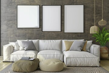 Wall Mural - This image depicts a comfortable living room featuring a spacious white sofa with various cushions and natural elements, fostering a cozy and relaxing atmosphere.