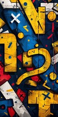 Wall Mural - This graffiti-inspired mural features dynamic shapes and bold colors, creating a vibrant and energetic abstract composition on a textured surface.