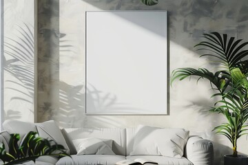 Sticker - This interior scene features natural sunlight casting shadows on a blank wall frame above a couch, enhancing the room's plants and creating a dreamy ambiance.