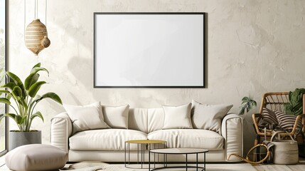 Poster - This image portrays a bright and airy living room with white furniture, indoor plants, ample natural light, and a large blank picture frame on the wall, creating a serene ambiance.