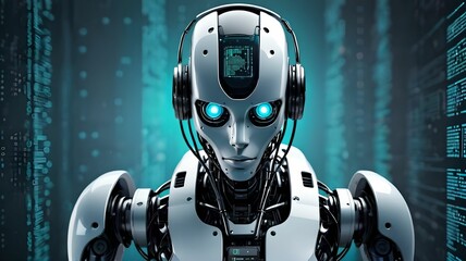 Cyberpunk robot on digital code background