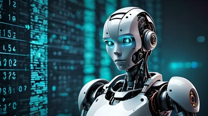 Cyberpunk robot on digital code background