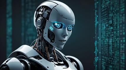 Cyberpunk robot on digital code background