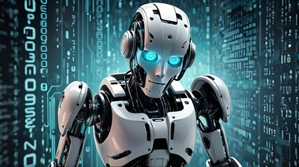 Cyberpunk robot on digital code background