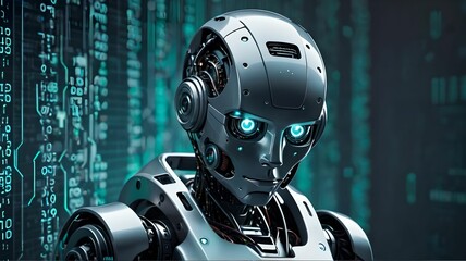 Cyberpunk robot on digital code background