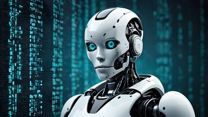 Cyberpunk robot on digital code background