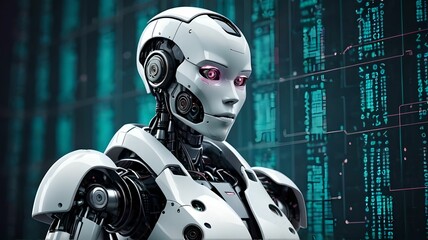 Cyberpunk robot on digital code background