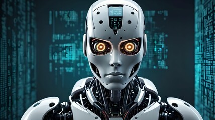 Cyberpunk robot on digital code background