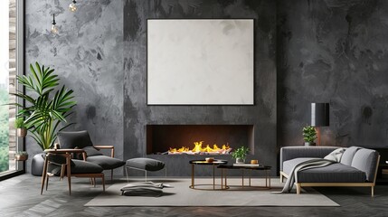 Wall Mural - A modern living room with a dark theme, featuring a cozy fireplace, plush furniture, potted plant, and chic decor elements suitable for stylish homes.