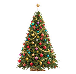 a festive christmas tree adorned with colorful ornaments, twinkling lights, and a sparkling star, em