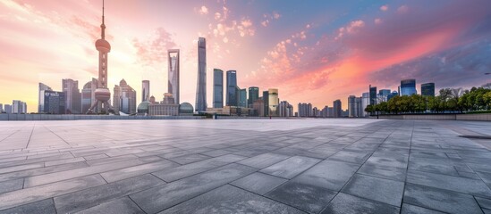 Wall Mural - Empty square floors and city skyline.