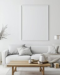 Canvas Print - The image depicts a light and airy living room featuring a white sofa, wooden accents, and minimalist décor, offering a tranquil and serene living environment.