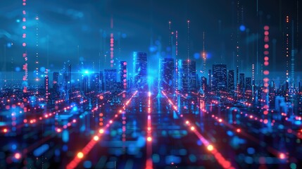 Poster - High-tech digital landscape with neon blue lights
