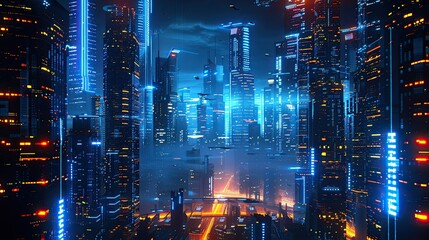 Poster - High-tech digital landscape with neon blue lights