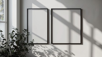 Canvas Print - This image features two empty picture frames hanging on a white wall, with shadows casting over them and a green plant in the foreground adding a natural touch.