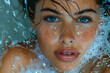 © Tanicsean - Close-up of a girl’s face with wet hair, water droplets, and soap bubbles, capturing the vibrant blue of her eyes and a serene expression