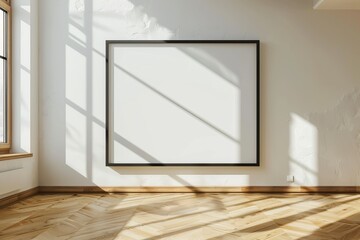 Poster - A well-lit modern interior with wooden flooring features an empty, large white canvas on the wall and sunlight casting shadows.