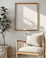 Poster - A cozy reading nook showcasing a wooden chair with a soft pillow and blanket, accompanied by a minimalist frame, situated in a bright, sunlit corner to create a relaxing vibe.