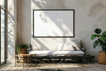 Sticker - A cozy sofa sits beneath a blank frame in a sunlit, minimalist living room. Wooden floor and rustic wall add warmth, complemented by potted plants for a natural touch.