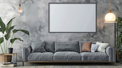 A stylish modern living room featuring a sleek dark gray sofa, large framed blank canvas art, decorative plants, and unique ambient lighting, presenting a chic and comfortable space.