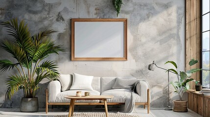 Poster - A charming rustic living room featuring a white sofa, wooden elements, leafy plants, and soft furnishings, creating a cozy and inviting atmosphere.