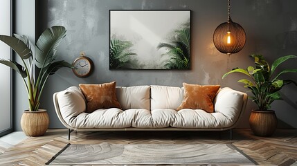 Poster - Modern living room interior featuring a plush white sofa, potted plants, hanging light fixture, and framed botanical artwork.