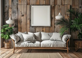 Canvas Print - A cozy living room setup featuring a white sofa, wooden wall panels, lush green plants, a framed artwork centerpiece, and soft natural lighting.