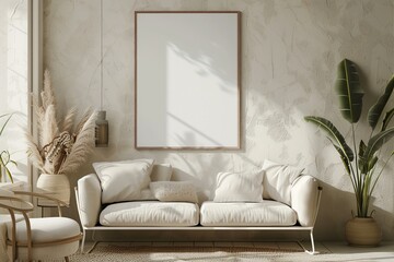 Poster - This image displays an elegant, minimalist living space decorated in neutral tones with pampas grass accents and natural sunlight streaming in, creating a calm and inviting atmosphere.