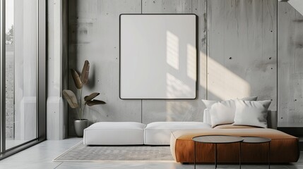 Sticker - A chic modern living room with a white sofa, a brown armchair, and earthy decor elements set against a raw concrete wall, creating a stylish, inviting space.