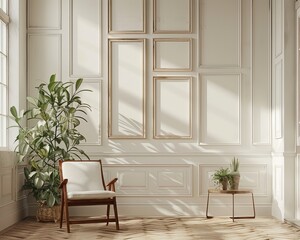 Wall Mural - Bright, minimalistic room with a single wooden chair, small table with plants, and geometric panel wall design for a modern look.