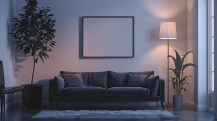 Sticker - A contemporary living room showcasing a dark blue sofa, indoor plants, and a blank picture frame, all softly illuminated by evening lights creating a cozy atmosphere.