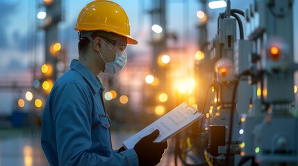 Silhouette of a technician inspecting electrical systems at twilight, combined with double exposure of advanced machinery, showcasing their hard work and technological innovation Illustration, Image,