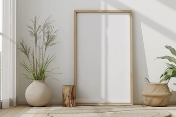 Sticker - A serene, minimalistic interior highlighted by a large blank frame, potted plants, and warm sunlight streaming through a nearby window, evoking a sense of calm and simplicity.