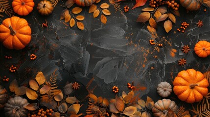 Canvas Print - Stylish autumn background with golden leaves and pumpkins top view with space for text