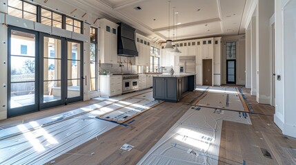 Wall Mural - An open kitchen area with protective floor coverings, prepared for the installation of custom-built cabinetry and high-end appliances.