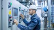© Login - A technical engineer oversees the manufacturing process. Innovative technology in the industry. Software for professionals. Illustration for banner, poster, cover, brochure or presentation.