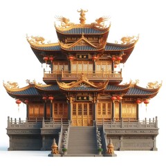 Chinese Japanese Temple house with lantern 3d illustration Front view isolated on white background