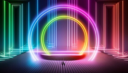 Wall Mural - Abstract background with neon lights of various colors on stage 