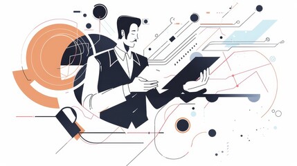 Wall Mural - Businessman in a Technological World - A businessman standing in the middle of abstract technological elements, symbolizing the power of technology in business - A businessman standing in the middle o