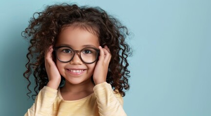 A young girl with curly hair is wearing glasses and smiling