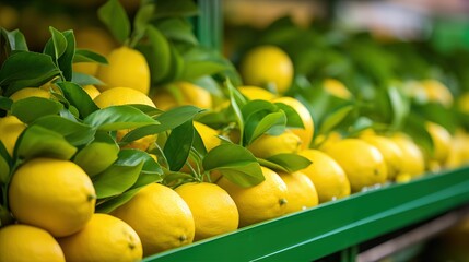 Fresh lemons with green leaves arranged on a shelf in a market.